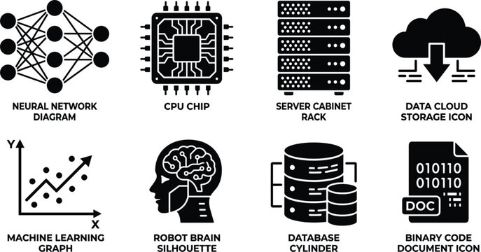 Artificial Intelligence and Big Data Vector Icon Set Featuring Neural Network, Cloud Storage, Server Rack, and Machine Learning Graphics