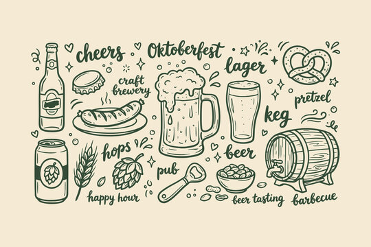 Hand drawn doodle set of beer and brewery elements for oktoberfest celebration and party Vector, illustration