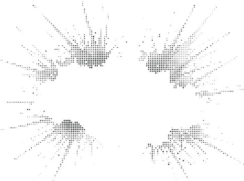 Abstract shattered glass effect with halftone dots representing impact and fragmentation spread across transparent background.