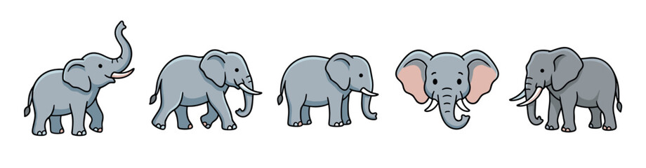 Fototapeta premium Five cute cartoon elephants in various poses and expressions, showcasing their playful nature and gentle demeanor in a charming illustration style.