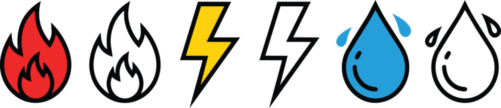 Colorful fire lightning and water drop icons designed as a vector graphic on transparent background