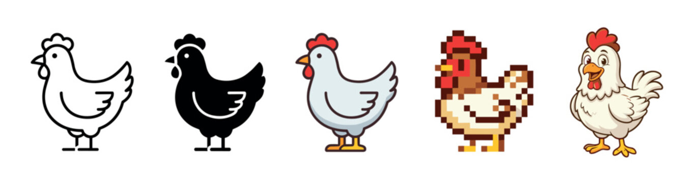 Five different chicken illustrations showcasing various artistic styles including outline, silhouette, cartoon, pixel art, and a friendly character design.