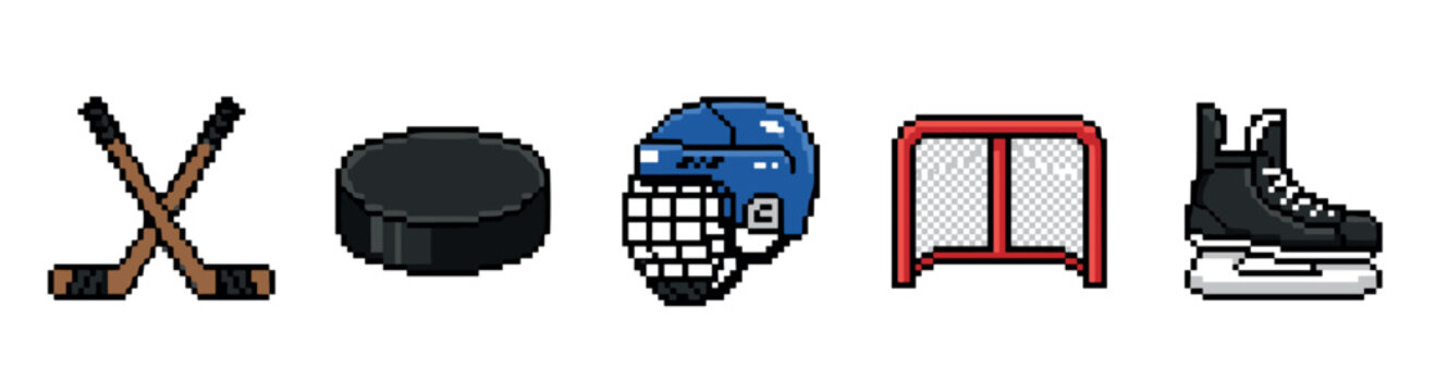 Ice hockey equipment pixel art collection featuring various game elements like sticks, puck, helmet, goal, and skate, rendered in a retro 8-bit video game style.