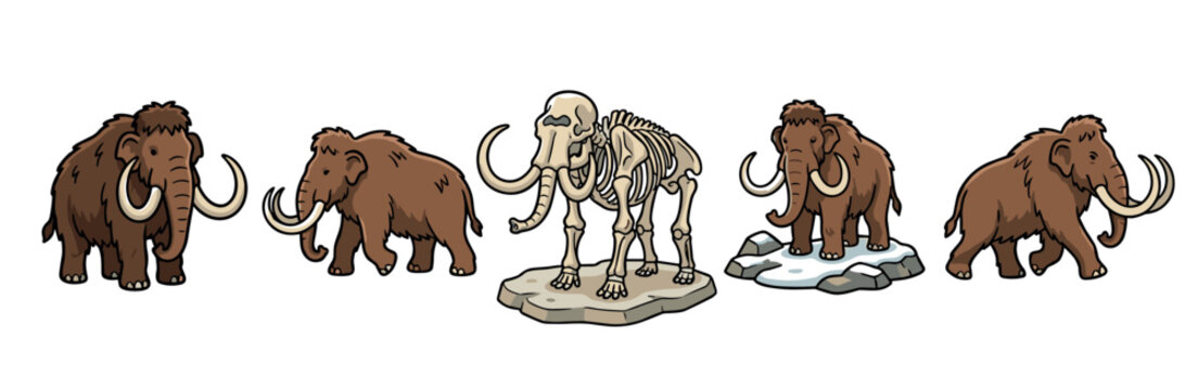 Cartoon woolly mammoths and a skeleton illustration showcasing various forms of these ancient ice age creatures and prehistoric animals.