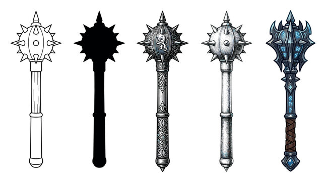 Five different medieval fantasy mace weapon designs showcasing various artistic styles and intricate details, perfect for gaming or historical themes.
