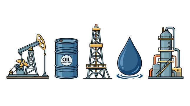 Oil industry elements, petroleum production equipment, and energy infrastructure are depicted in a colorful cartoon illustration representing fossil fuel extraction and processing.