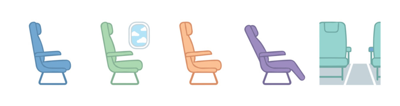 Vibrant collection of colorful airplane seats in various configurations, including a window view with clouds and an aisle perspective, representing modern air travel comfort.