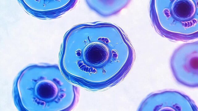 Blue and purple cells under microscope