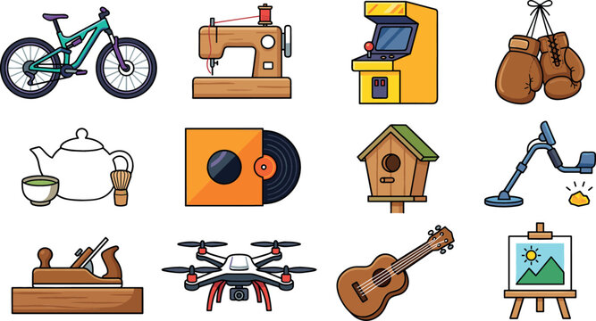 Flat design hobby icons collection featuring sports music crafts technology and gaming elements for lifestyle interests and creative pastimes vector illustration.