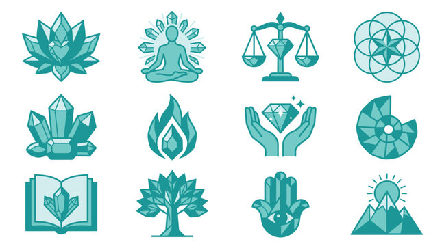 Collection of 12 teal geometric spiritual and holistic wellness icons featuring crystals, lotus flower, meditating figure, hamsa hand, sacred geometry symbols on white background.