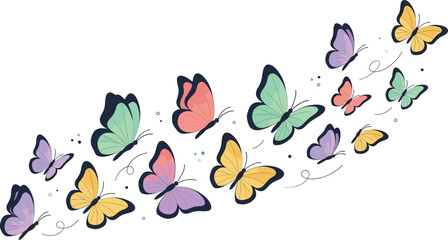 Naklejka premium Flying colorful pastel butterfly vector illustration with isolated swarm trail of insects wing shapes for spring wedding decoration card background