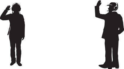 Black silhouette of professional business people giving a salute or greeting gesture, isolated on a white background, perfect for corporate communication, leadership and office concepts. © Hina