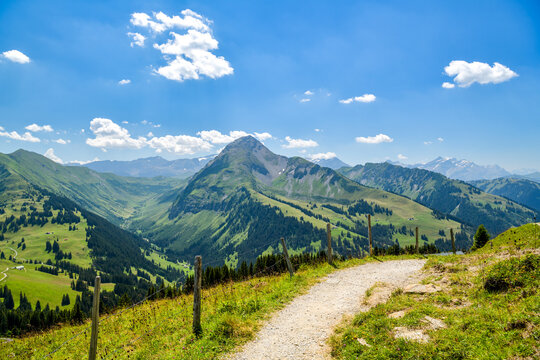 Mountain path along a fence toward a rocky peak