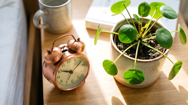 Copper alarm clock green plant coffee cup on wooden table with morning sunlight