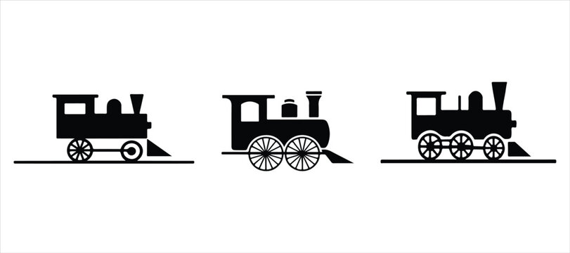 old train locomotive icon silhouette vector set hand drawn illustration on white background. 