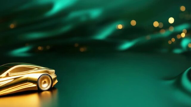 Golden Futuristic Sports Car on Emerald Green Silk Fabric with Bokeh Lights for Luxury Advertisement, Transportation Design, Automotive Industry, Glamour Backdrop.