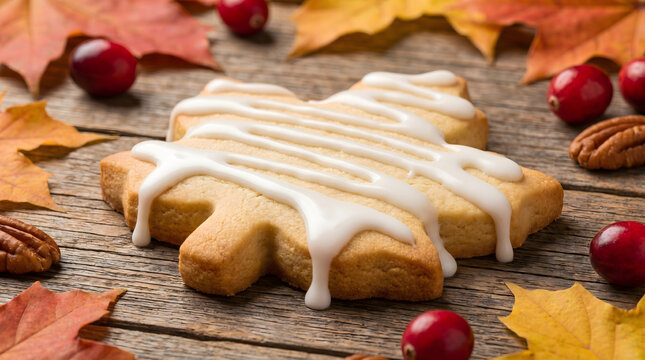 Maple leaf shaped sugar cookie with white icing surrounded by autumn leaves cranberries and pecans on wooden surface
