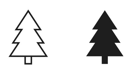 Fototapeta premium Conifer Icon Pair: A minimalist graphic representation of two conifer trees, one outlined in black and the other a solid black silhouette, symbolizing nature and growth.