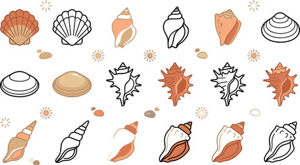 Nautical sea shells vector collection featuring terracotta colored scallops and marine snail contour line art icons for children coloring book isolated on white background. © Mdjony