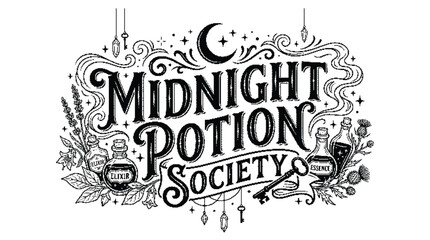 Midnight potion society magical illustration with bottles and herbs © Farina