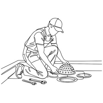 Vector illustration of Man kneeling and fixing a roof with tools