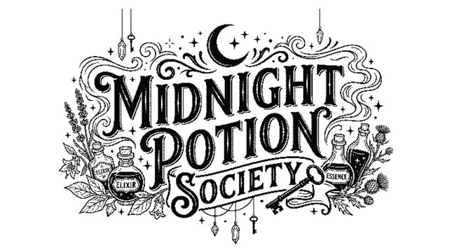 Midnight potion society magical illustration with bottles and herbs