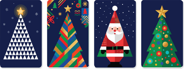 Fototapeta premium Colorful minimalist christmas trees and santa claus flat vector illustration design elements on transparent background