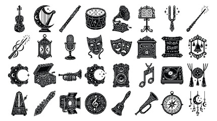 Pixel art collection of music, theater, and magic icons © Farina