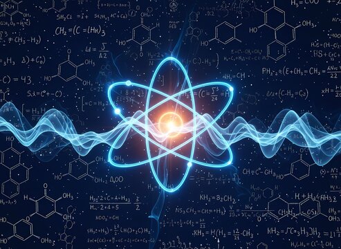 A glowing atomic core radiates vibrant energy waves across a dark display filled with complex mathematical formulas and structural organic chemistry equations that represent fundamental particle