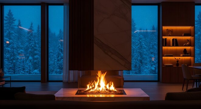 Modern living room with fireplace and snowy forest view