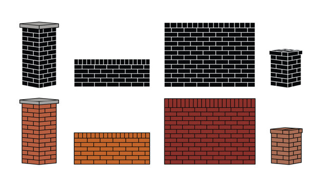 Brick wall and pillar vector design element collection. Red bricks, stone columns, masonry fence, construction architecture, texture blocks, borders and house building components.