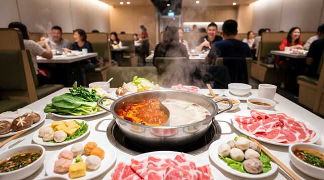 Multiple people gathered around a steaming hotpot table with abundant fresh ingredients and rich broth