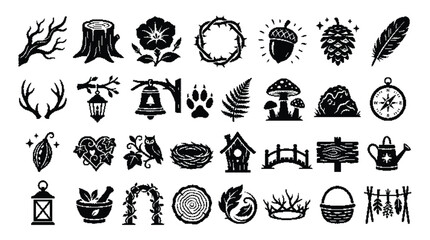 Nature and forest icons set woodland elements collection © Farina