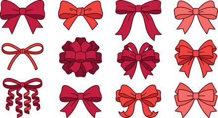 Red ribbon bow vector collection with isolated traditional gift wrapping knots icons set for christmas birthday holiday wedding greeting card design © Mdjony