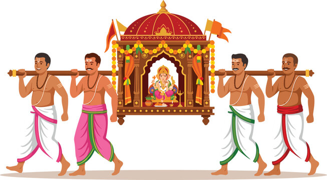 Ganesh Chaturthi Festival Procession Vector Illustration with Devotees Carrying Lord Ganesha Idol in an Ornate Palanquin for Hindu Religious Celebrations