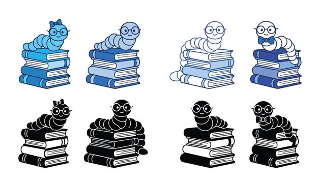 Cute cartoon bookworm on stack of books vector icon set. Worm, glasses, bowtie, hairbow, reading library, elementary education, smart student and literacy symbols.