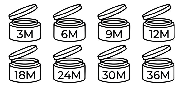 Outline icon set of 8 period after opening symbols featuring 3M 6M 9M 12M 18M 24M 30M 36M month labels for cosmetic and packaging design