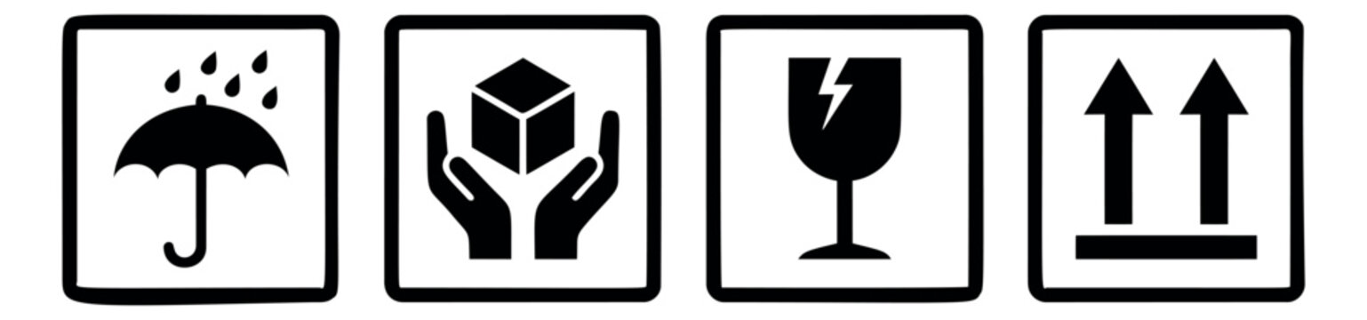 Flat icon set of 4 shipping and packaging symbols featuring keep dry, handle with care, fragile and this side up warnings for logistics design