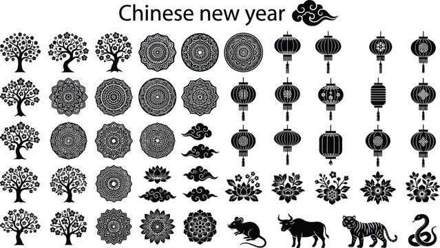 Chinese New Year black silhouette vector icon set featuring traditional lanterns trees floral patterns clouds and zodiac animals on white background