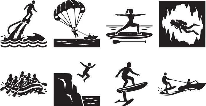 Extreme Water Sports and Summer Outdoor Adventure Silhouette Icon Set