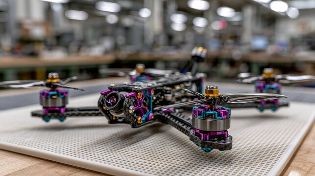 Ultra-realistic high-angle shot of a custom multi-rotor FPV drone frame being assembled piece by piece on an off-white silicone work mat, mixing carbon fiber sheets with brightly c