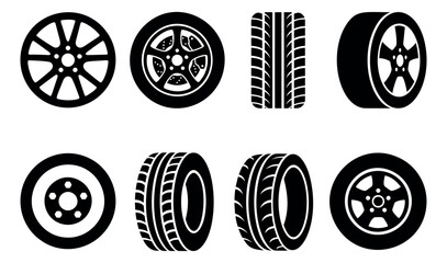 Silhouette icon set of 8 car tires and wheels featuring tread patterns and alloy rim designs for automotive industry use