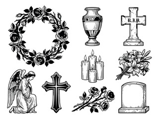 Obraz premium Engraving icon set of 10 funeral and memorial symbols featuring wreath, urn, angel, cross and gravestone for mourning design