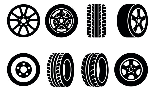 Silhouette icon set of 8 car tires and wheels featuring tread patterns and alloy rim designs for automotive industry use