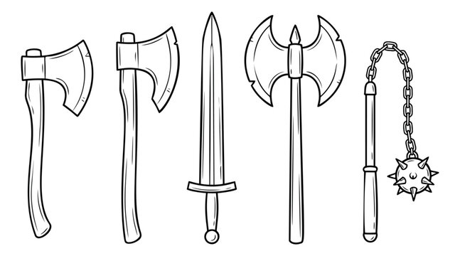 Outline icon set of 5 medieval weapons featuring axe, sword, battle axe and flail for fantasy game design