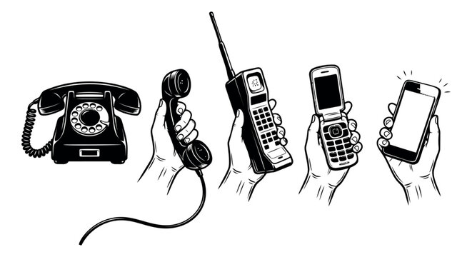 Engraving style set of 5 telephone evolution icons featuring rotary phone, cordless handset, walkie talkie, flip phone and smartphone for technology design
