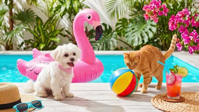 White fluffy dog sitting near pink flamingo float by swimming pool. Orange tabby cat playing with colorful beach ball on wooden deck. Relaxation and fun concept for animal lovers