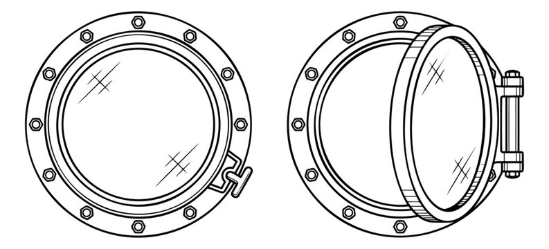 Outline illustration set of 2 ship portholes depicting open and closed round windows for nautical and marine design