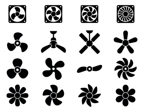 Silhouette icon set of 16 fan and propeller types featuring computer cooling fans, ceiling fans, boat propellers and turbine blades for mechanical design