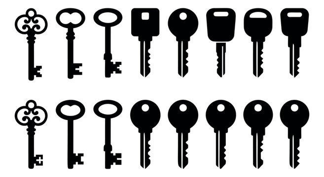 Silhouette icon set of 16 keys featuring antique skeleton keys and modern house keys for security and locksmith design